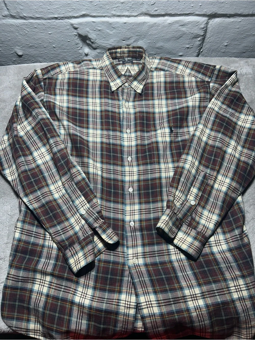 Ralph Lauren Men's XL Plaid Button-Down Shirt - Burgundy, Cream & Blue